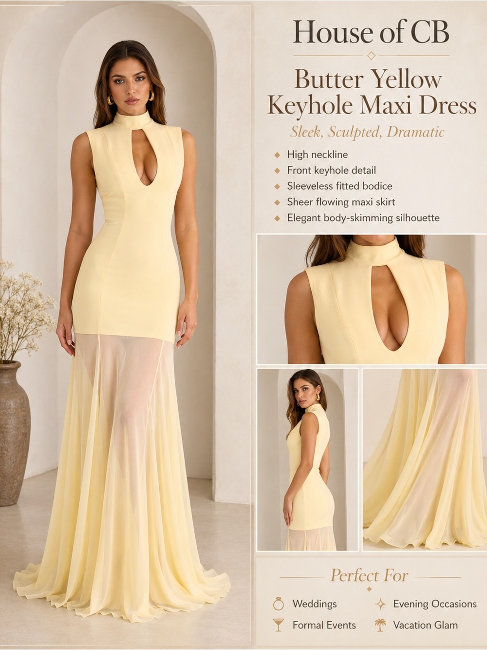 House of CB Butter Yellow Keyhole Sheer Maxi Dress Gown Size Large DL4 - Picture 1 of 14